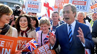 Nigel Farage addresses a crowd on what would have been Brexit Day