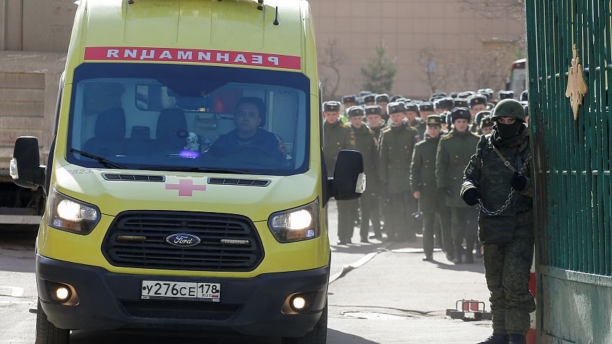 An ambulance at the  Mozhaysky Military Space Academy, April 2, 2019.