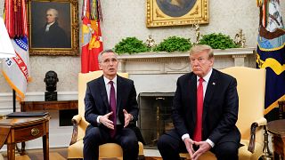 NATO chief Jens Stoltenberg (L) & US President Donald Trump. April 2, 2019