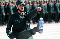 An Iranian IRGC officer with Israel's flag drawn on his boots, June 2018.