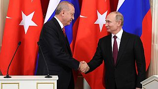 Recep Tayyip Erdogan (L) and Vladimir Putin on Jan 23, 2019