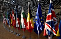 EU countries' flags in the EU Council buildings, Brussels, March 21, 2019.