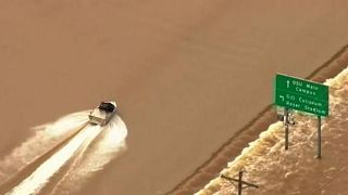 Watch: Speedboat tears up flooded highway in Oregon, US