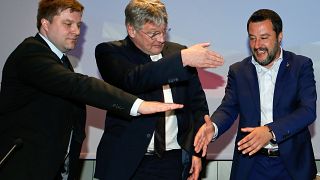 Matteo Salvini, Olli Kotro and and Joerg Meuthen in Milan on Monday