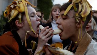 Poles stage banana-themed protest against removal of artworks from National Museum