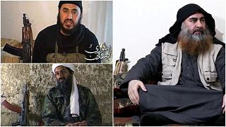 أبو بكر البغدادي (يمين) أبو مصعب الزرقاوي (فوق) وأسامة بن لادن (أسفل يسار)