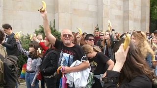 Poles stage banana protest over removal of 'indecent' artwork