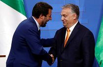 Matteo Salvini speaks at the League party headquarters in Milan