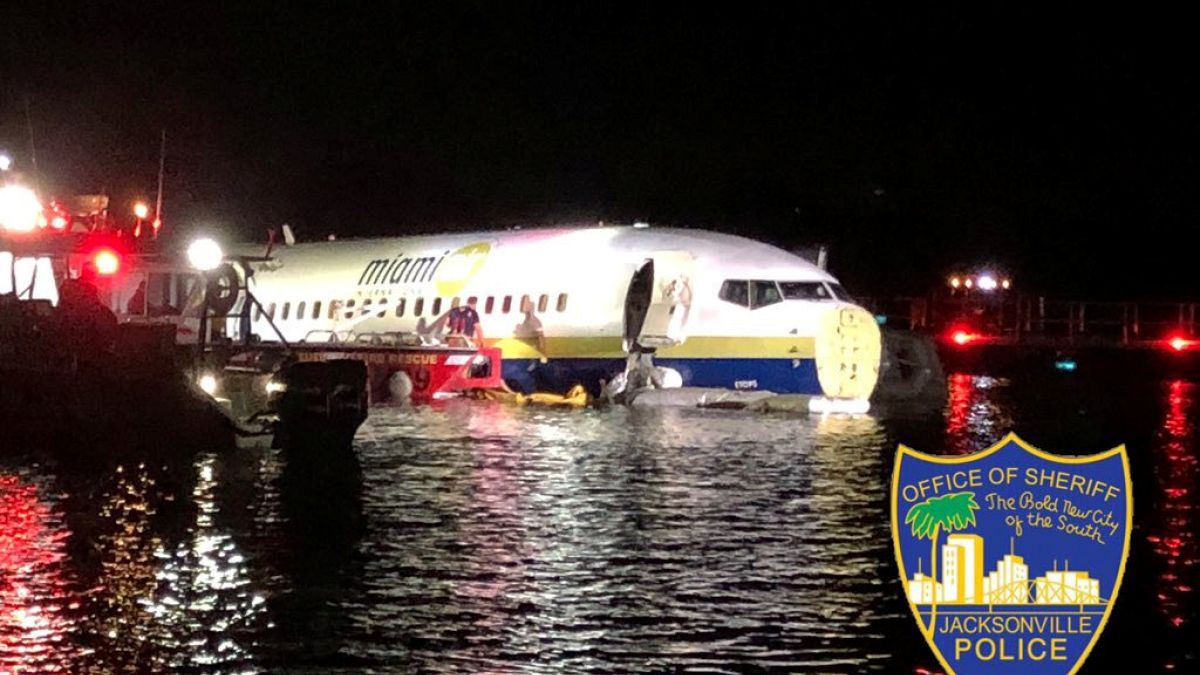 Florida plane crash: Boeing 737 skids off runway at Jacksonville military base and into river