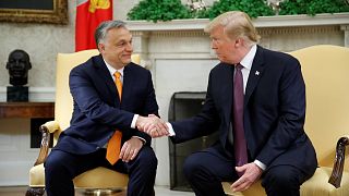 Trump shakes Orban's hands in the Oval Office.