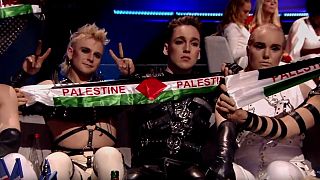 Iceland's Hatari raises Palestinian flags during Eurovision results