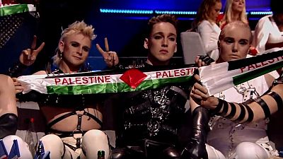 Iceland's Hatari raises Palestinian flags during Eurovision results