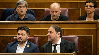 Independentista catalão Oriol Junqueras ao lado de Gabriel Rufian, do ERC