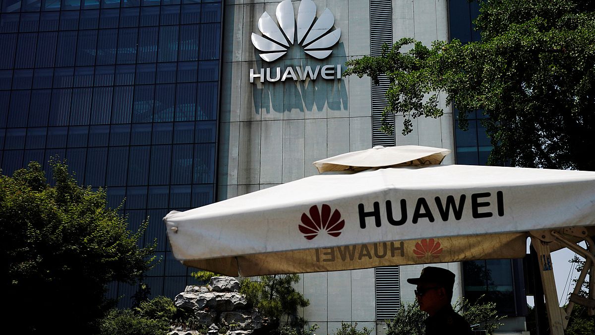 A Huawei company logo is seen at Huawei's Shanghai Research Centre
