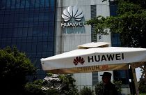 A Huawei company logo is seen at Huawei's Shanghai Research Centre