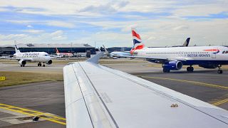 Planes on the runway at London's Heathrow Arport.