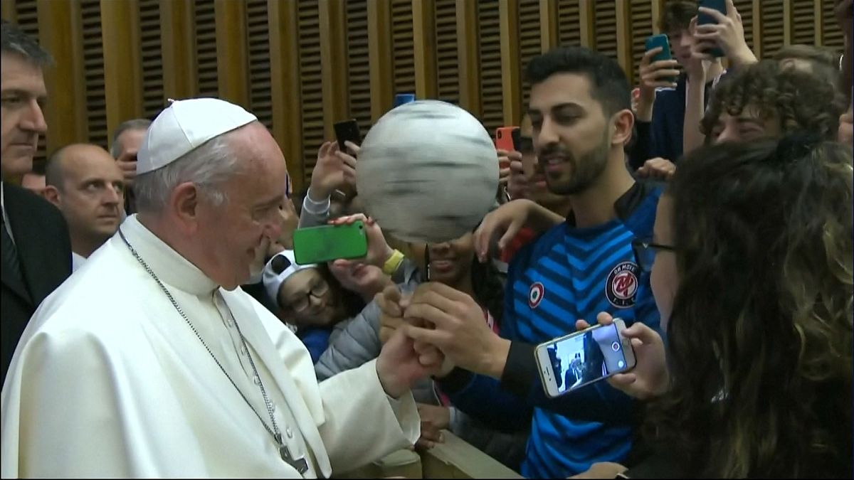Vatican hall becomes impromptu stadium as Pope talks soccer to children