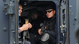 Kosovo police secure the area near the town of Zubin Potok, Kosovo.
