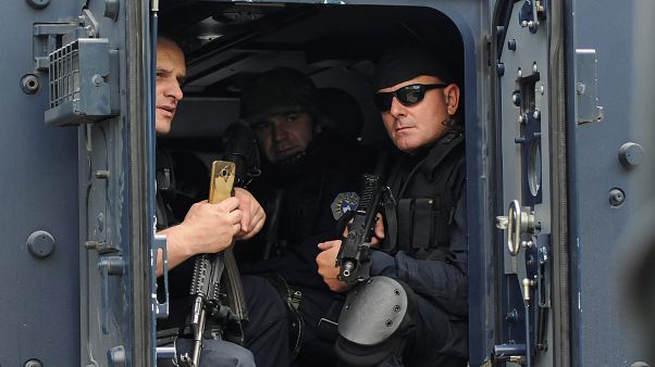 Kosovo police secure the area near the town of Zubin Potok, Kosovo. Kosovo police secure the area near the town of Zubin Potok, Kosovo.