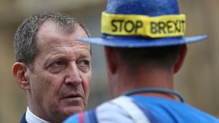 Alastair Campbell speaking to anti-Brexit campaigners outside Westminster