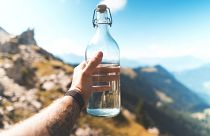 Glass water bottle, reusable.