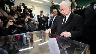 PiS leader Jarosław Kaczyński casts his vote in the European elections.