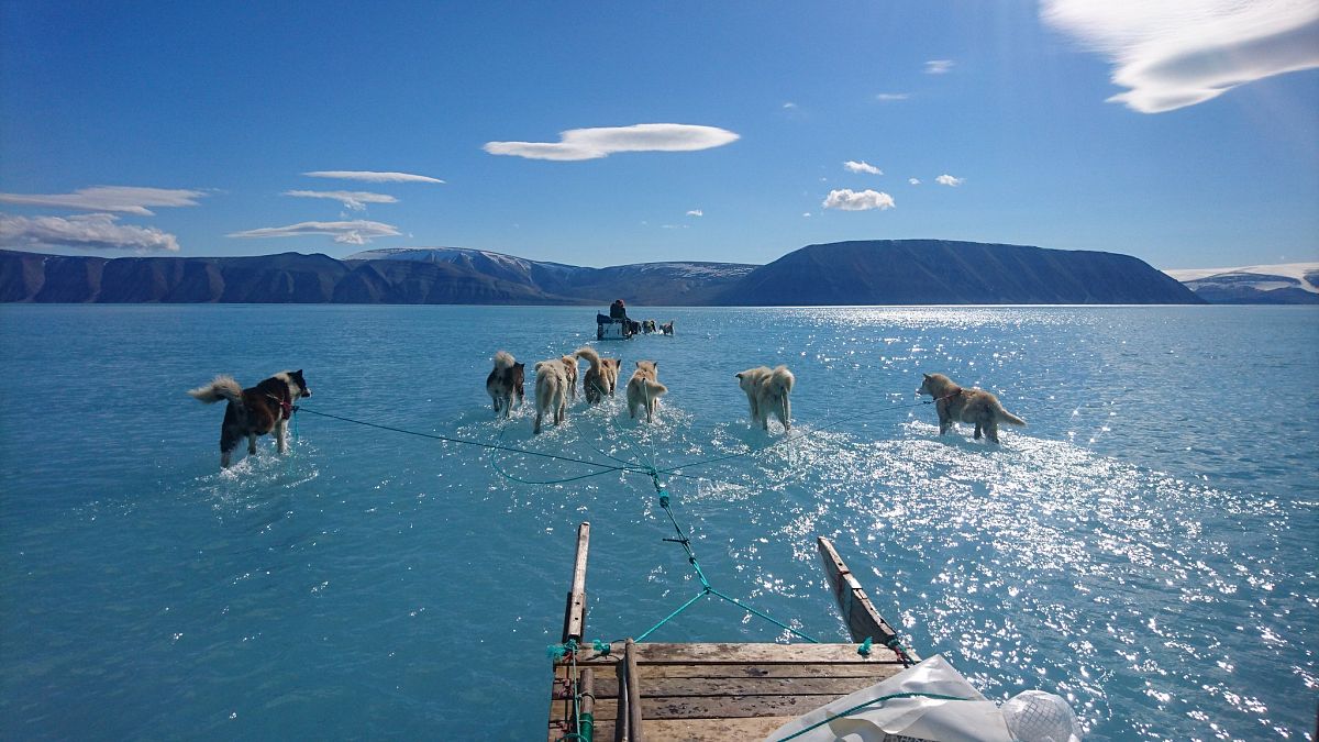 The sled of the scientist Steffen M. Olsen, travelling on a layer of water in Greenland