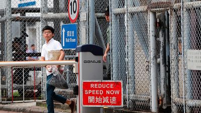 Former student leader Joshua Wong walks out from prison after being jailed for his role in the Occupy Central movement, also known as “Umbrella Movement”