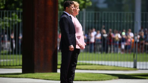 La chancelière allemande Angela Merkel and le président ukrainien Volodymyr Zelenskiy à Berlin, le 18/06/2019 La chancelière allemande Angela Merkel and le président ukrainien Volodymyr Zelenskiy à Berlin, le 18/06/2019
