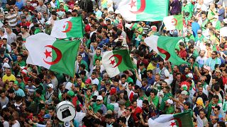 محتجون جزائريون في العاصمة الجزائر يوم 14 يونيو حزيران 2019. 