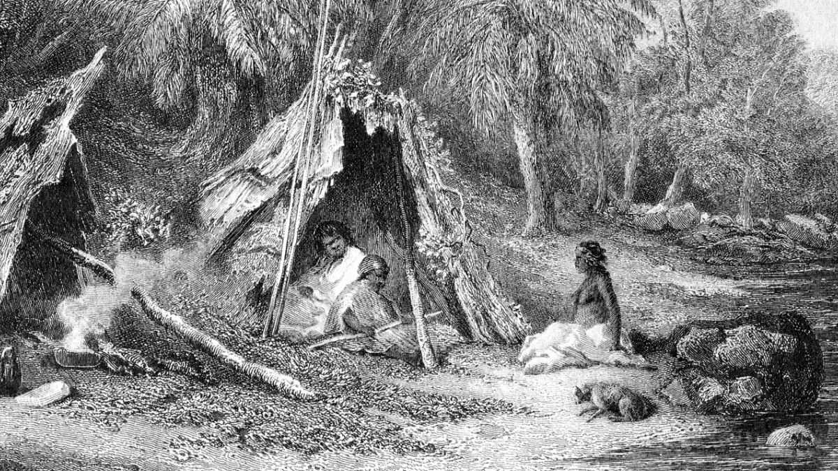 رسم من القرن التاسع عشر  يُظهر نمط حياة السكان الأصليين في المناطق الأكثر برودة بأستراليا في وقت الاستيطان الأوروبي