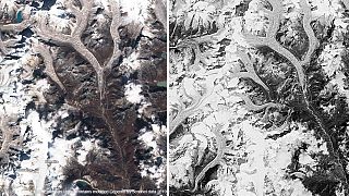 Glaciers on the South face of the Lunag Ri in october 2018 and october 1980