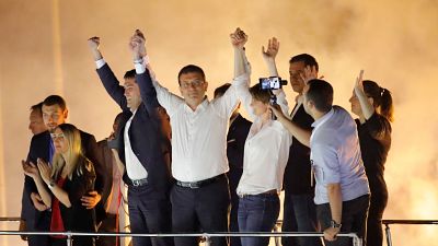 Ekrem Imamoglu, greets supporters at a rally of in Beylikduzu district, in Istanbul