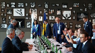 IOC President Thomas Bach attends a meeting with the Stockholm Are 2026 bid delegation including Sweden Prime Minister Stefan Lofven