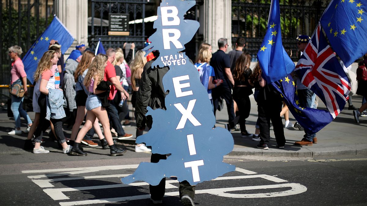 A pro-Brexit supporter is seen outside Parliament in London, Britain, June 17, 2019.