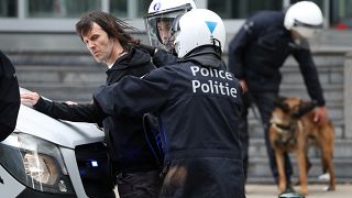 الشرطة البلجيكية أثناء القبض على متظاهر في بروكسل