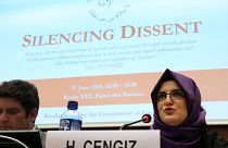 Hatice Cengiz at the "Silencing Dissident" event during the Human Rights Council at the UN in Geneva, Switzerland, June 25, 2019. 
