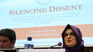 Hatice Cengiz at the "Silencing Dissident" event during the Human Rights Council at the UN in Geneva, Switzerland, June 25, 2019. 