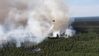 A German Federal Police helicopter carries water to extinguish forest fire near Lieberoser Heide in eastern Germany, June 25, 2019.