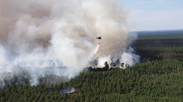A German Federal Police helicopter carries water to extinguish forest fire near Lieberoser Heide in eastern Germany, June 25, 2019. A German Federal Police helicopter carries water to extinguish forest fire near Lieberoser Heide in eastern Germany, June 25, 2019.