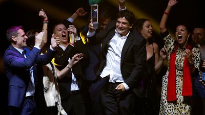 Chef-owner of Mirazur restaurant Mauro Colagreco and his team react after receiving the award for Best Restaurant during the World's 50 Best Restaurants Awards 