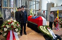 An honour guard made of Police and Federal Armed Force officers stands next to the coffin of the Kassel District President, Walter Luebcke, who was shot, during his funeral