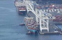 Aerial of Anna Maersk docked at port south of Vancouver