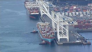 Aerial of Anna Maersk docked at port south of Vancouver