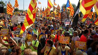 Protesters hold Catalan flags during a demonstration in front of the European Parliament in Strasbourg