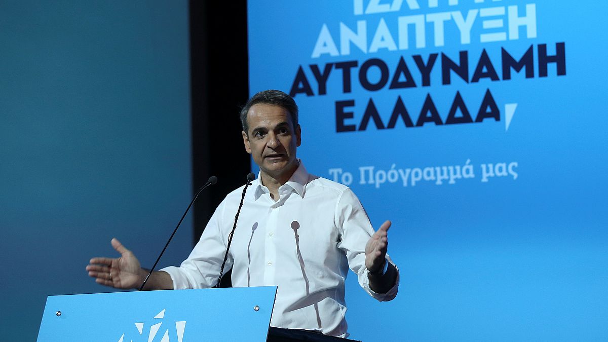 Leader of Greece's main opposition New Democracy conservative party Kyriakos Mitsotakis speaks during the presentation of his pre-election program in Athens, Greece June 21, 2
