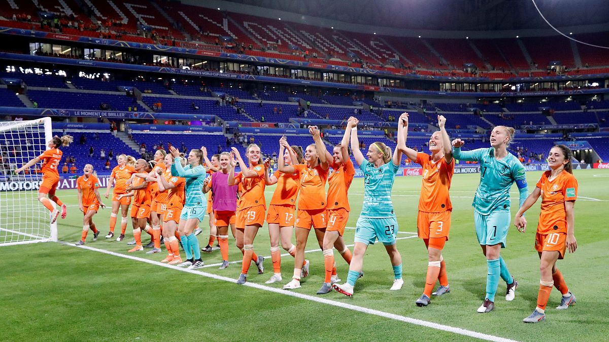 July 3, 2019 Players of the Netherlands celebrate winning the match