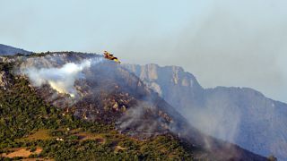 Πυροσβεστικό αεροπλάνο επιχειρεί για την κατάσβεση της πυρκαγιάς στην Εύβοια.