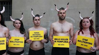 Félmeztelenül tüntettek a pamplonai bikafuttatás ellen