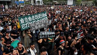 Anti-extradition bill protesters march to West Kowloon Express Rail Link Station at Hong Kong's tourism district Tsim Sha Tsui, China July 7, 2019.